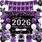 Black Purple Graduation Party Decorations, Purple Class of 2026 Graduation Banner, 2026 Congrats Grad Honeycomb Hanging Swirl Confetti Balloon Congratulations Graduates Party Supplies(25PC)